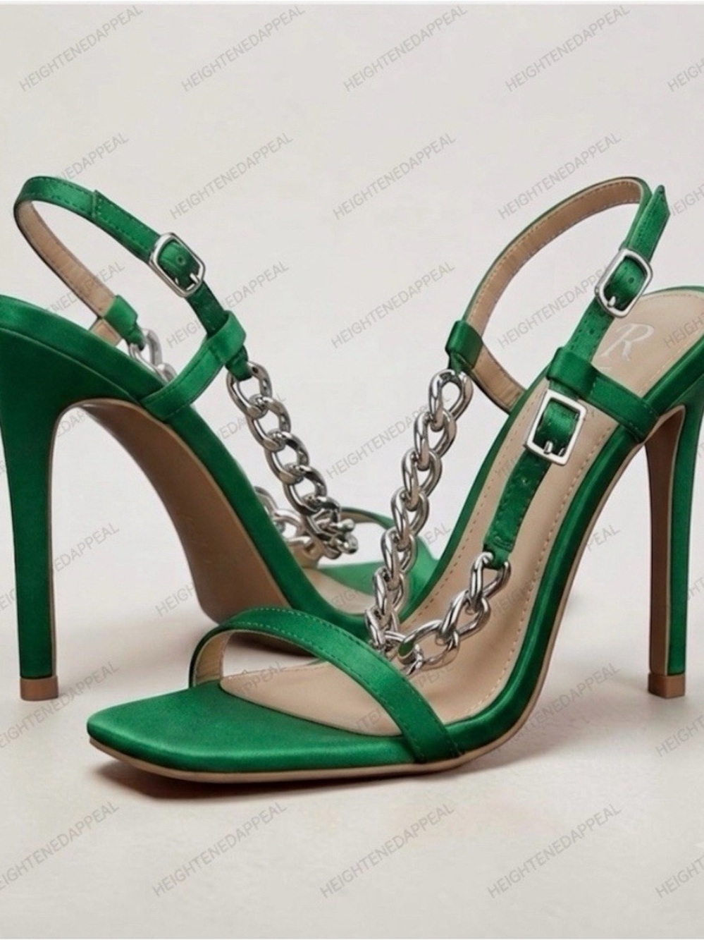 RAID Wide Fit Green Satin Chain Link Stiletto Sandals High Heels Women's Size 9